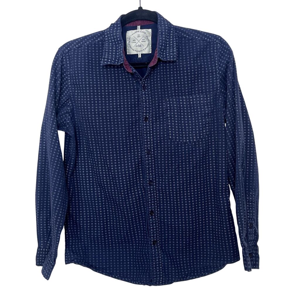 Men's Navy Blue and White Native Code Button Down Dress Shirt Medium